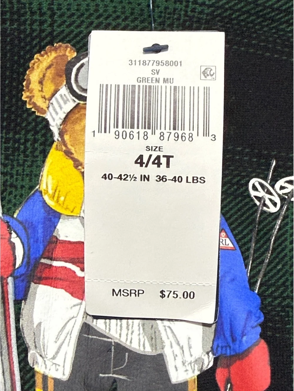 NWT Polo Ralph Lauren Boys Size 4 Green Watch Plaid Skiing Polo Bear Hoodie